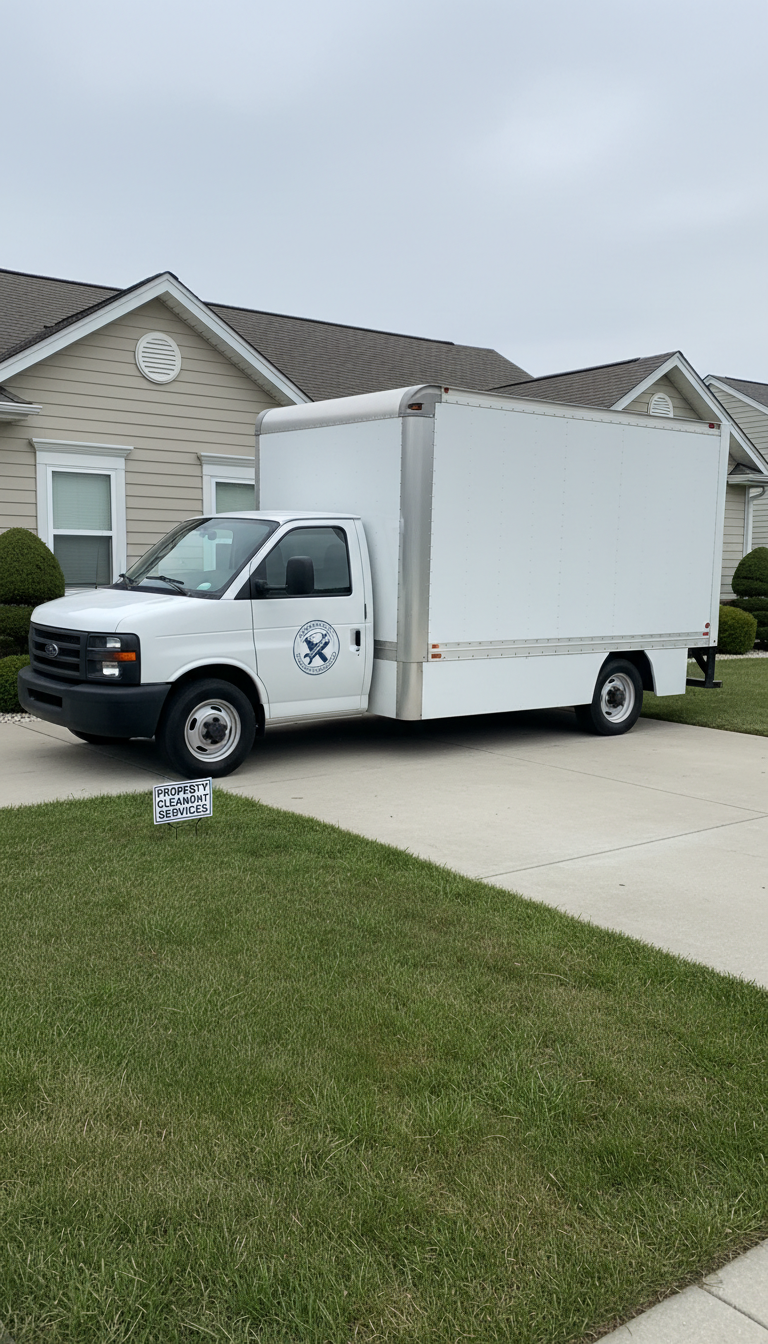 A spotless white commercial cargo truck, prominently featuring a subtle veteran-owned business logo, is parked neatly beside a well-maintained suburban home with simple landscaping and neutral-toned siding. The driveway is clear, and the truck’s cargo doors are closed, suggesting readiness and reliability. Soft, overcast natural lighting eliminates harsh shadows, lending a composed and trustworthy mood. Framed with a slight three-quarter angle to showcase the truck’s pristine condition, the photograph employs a balanced, structured layout and a modern, corporate style, visually communicating dependability and professionalism for property cleanout services.