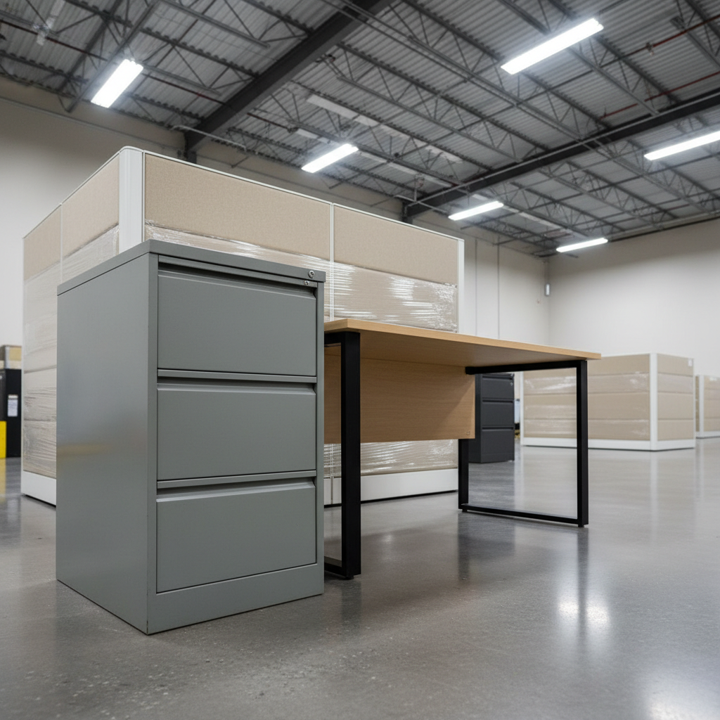 A collection of assorted office furniture—an empty metal filing cabinet, a modern minimalist desk, and a stack of unused cubicle partitions—neatly arranged on a spotless warehouse floor with polished concrete and pale neutral walls. Industrial-style overhead LED lights create even illumination and crisp highlights, with subtle shadows beneath each item. The atmosphere is corporate and efficient, suggesting order and readiness for removal or donation. The composition uses leading lines and a low elevated angle, ensuring sharp detail across all elements, emphasizing the clean, professional nature of commercial junk removal and recycling services.