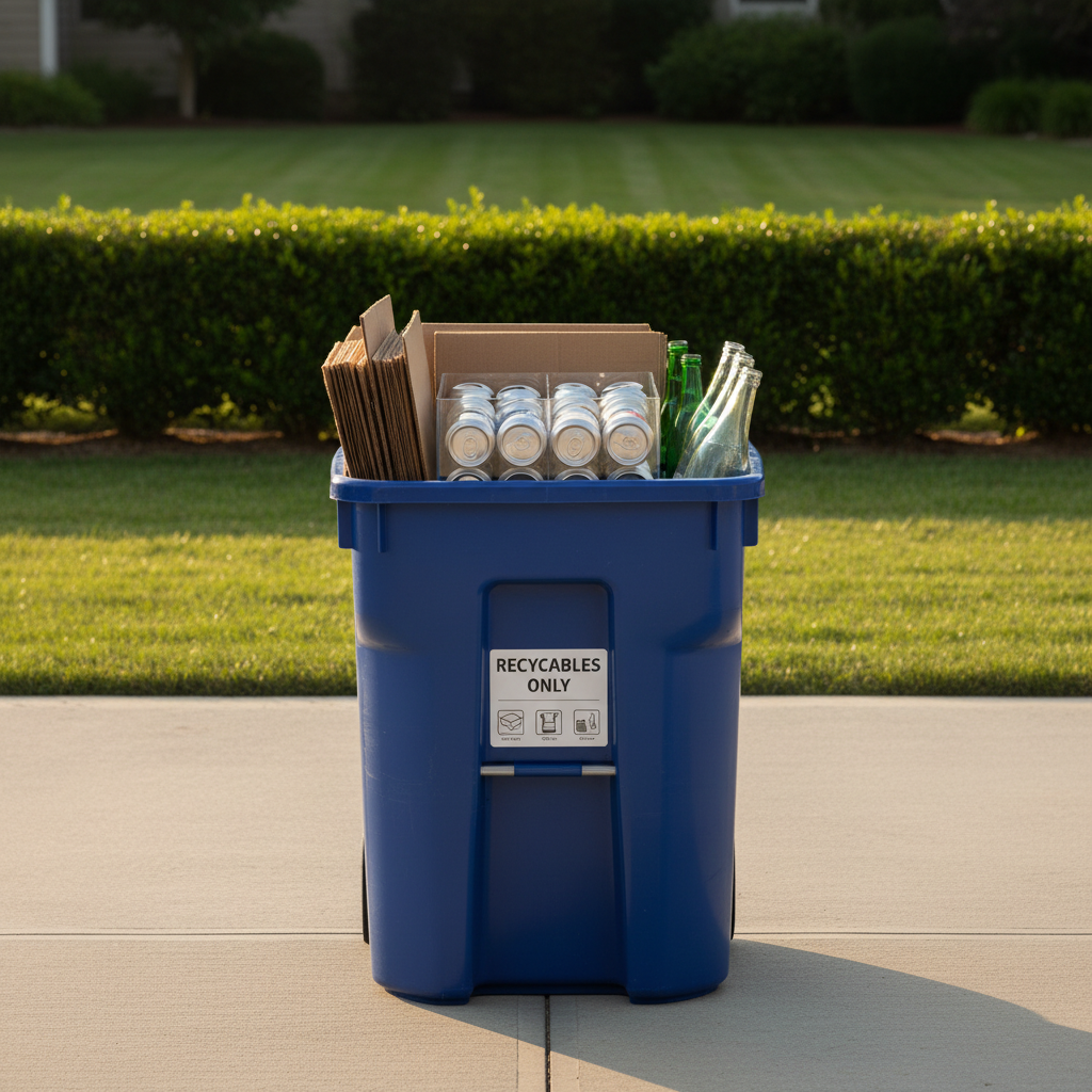 A large, clearly labeled recycling bin with recyclable materials—flattened cardboard, glass bottles, and metal cans—sorted with precision, positioned at the edge of a well-kept concrete driveway. The background includes a freshly trimmed lawn and a low hedge, all bathed in late afternoon sunlight that casts gentle, elongated shadows. The clean lines and uncluttered layout reinforce a commitment to environmental responsibility. The camera is positioned for a centered composition at a moderate height, emphasizing both the bin and its contents. The photographic realism and balanced tones align with the site’s eco-conscious values and structured, professional personality.