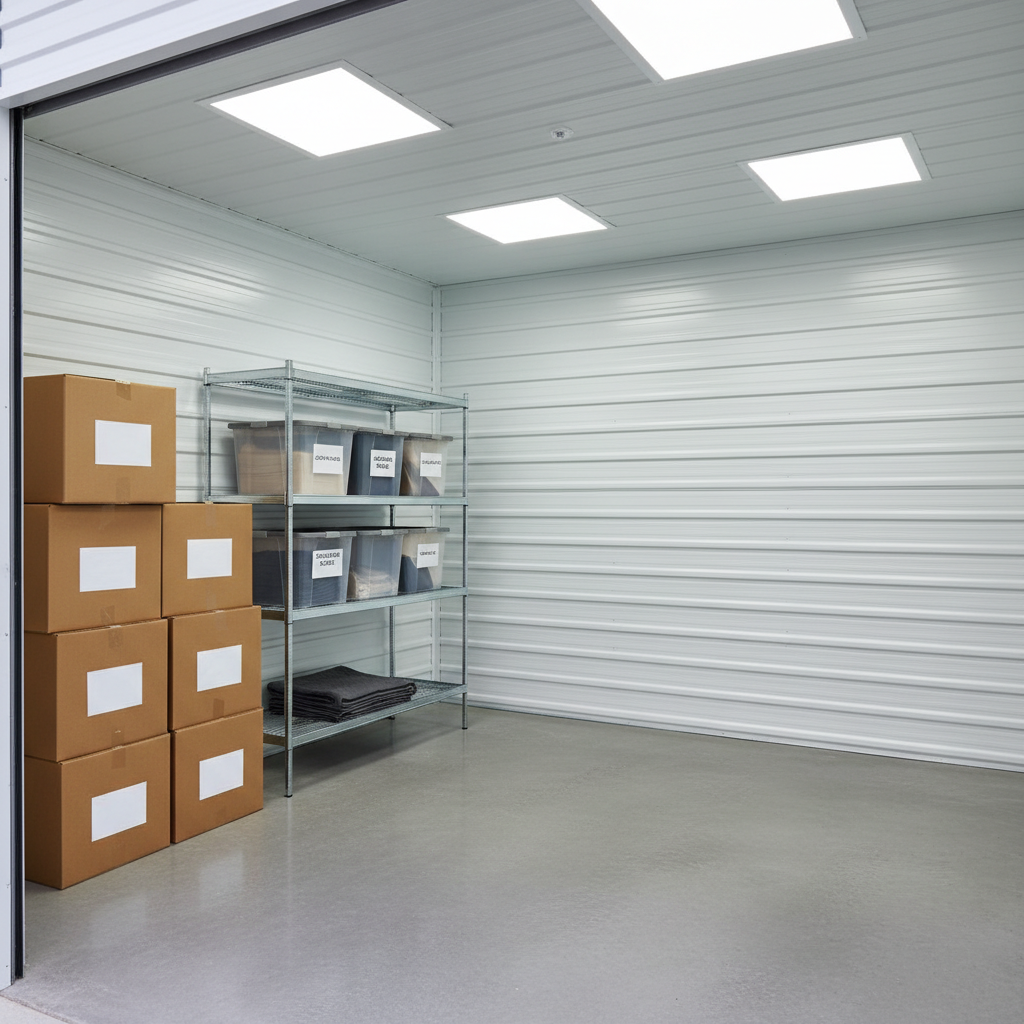 A pristine, empty storage unit with smooth concrete floors and bright white metal walls, organized cardboard moving boxes stacked symmetrically in one corner. A sturdy metal shelving unit holds meticulously labeled bins and a folded moving blanket, reinforcing the sense of logistics and efficiency. Crisp, cool LED lighting overhead fills the space evenly, minimizing shadow and enhancing clean lines. The mood is orderly and calm, communicating reliability and attention to detail. Captured from a wide-angle viewpoint at the threshold of the unit, the image achieves balanced composition and photographic realism, ideal for illustrating property cleanouts and professional organization services.