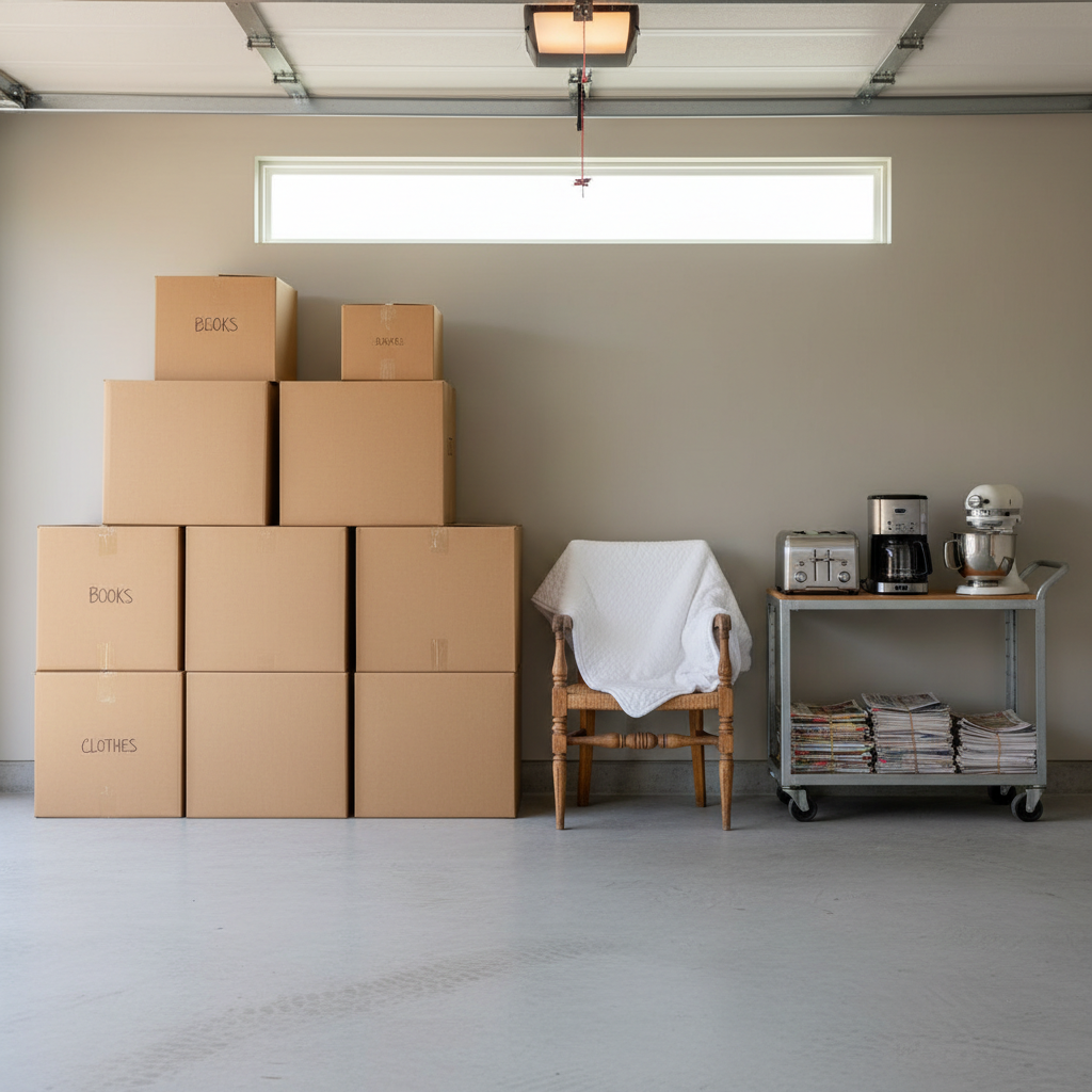 A meticulously organized assortment of household items—cardboard boxes, a vintage wooden chair, small appliances, and neat bundles of paper—stacked in a clean, open garage bay. The concrete floor is swept and the garage walls are painted a soft neutral gray. Overhead, diffused natural daylight pours in through a high window, highlighting sharp edges and revealing a dust-free environment. The mood is calm and orderly, evoking professionalism and care. Captured at eye level with balanced, symmetrical composition and sharp focus throughout, the image embodies photographic realism and a corporate clean aesthetic, perfect for a junk removal business emphasizing trust and efficiency.